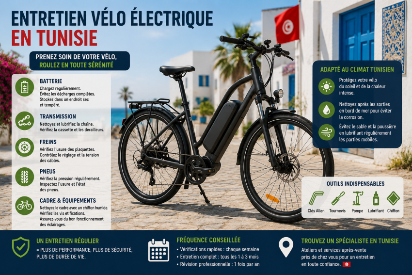 Vélo elecltrique dans un décors typique de Tunisie avec le drapeau et la mer