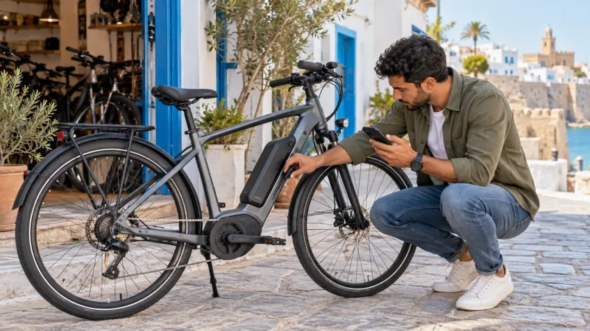 Acheteur vérifiant la batterie d’un vélo électrique d’occasion en Tunisie
